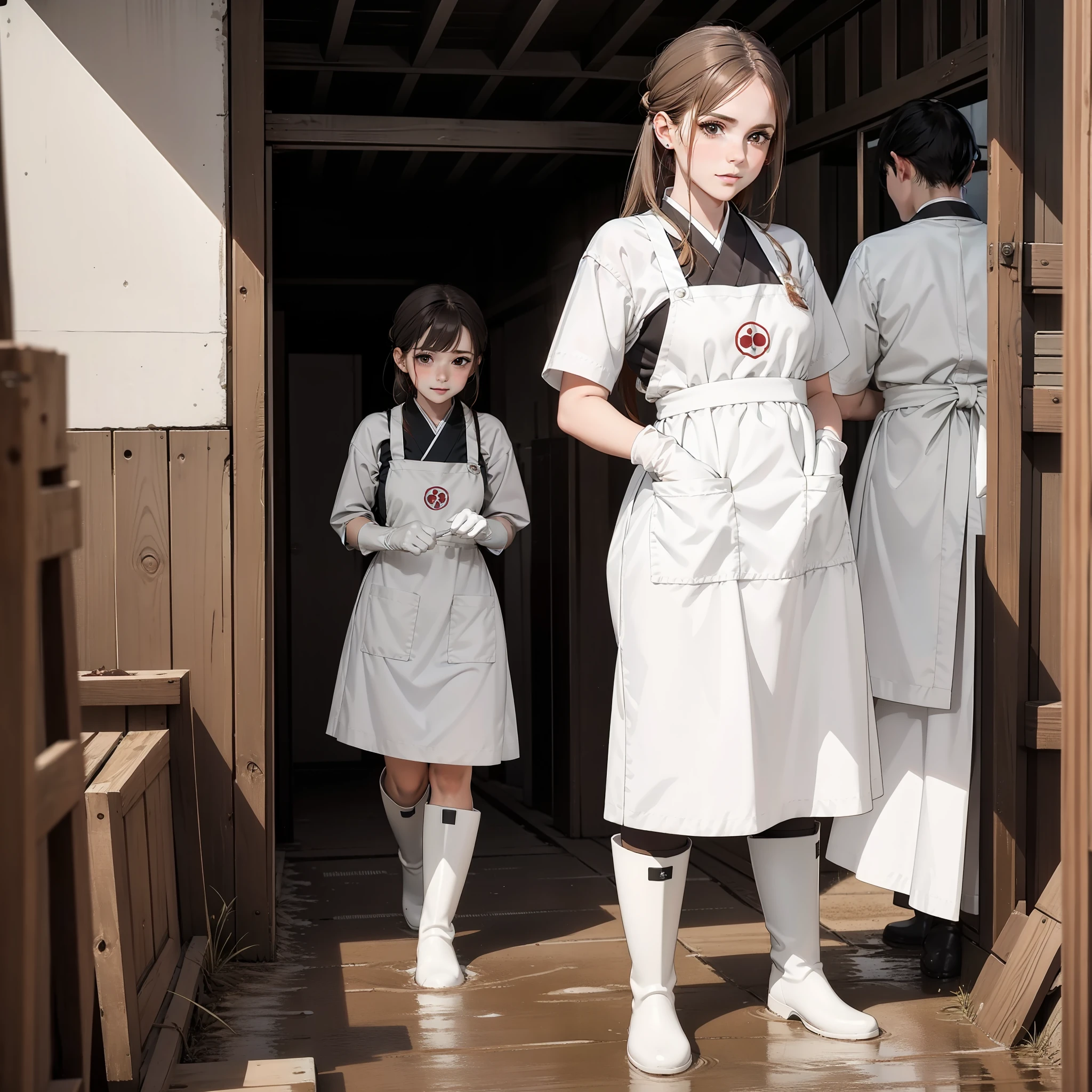 Top image quality、beautfull Japanease woman、Female keeper、Stand and look down、Cheeky and haughty look、glareing、Manteau blanc、White rubber gloves、Rubber Apron、white rubber boots、zoo、livestock、Put your feet on the pig、mud、Dirty rubber boots、bulli、