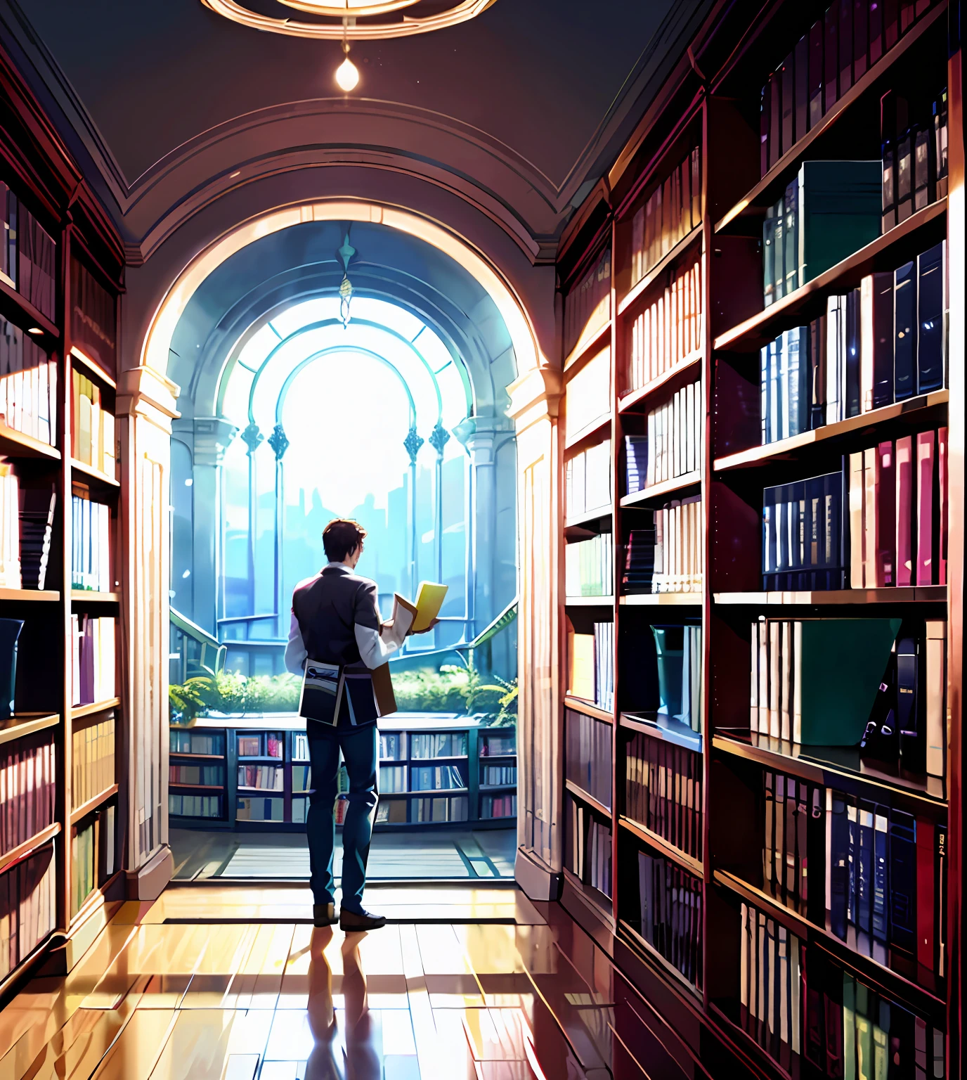 arafed image of a man standing in a library with books, endless books, borne space library artwork, books cave, fantasy book illustration, spiral shelves full of books, infinite celestial library, an eternal library, gothic epic library concept, magic library, japanese sci - fi books art, beeple and jean giraud, books all over the place