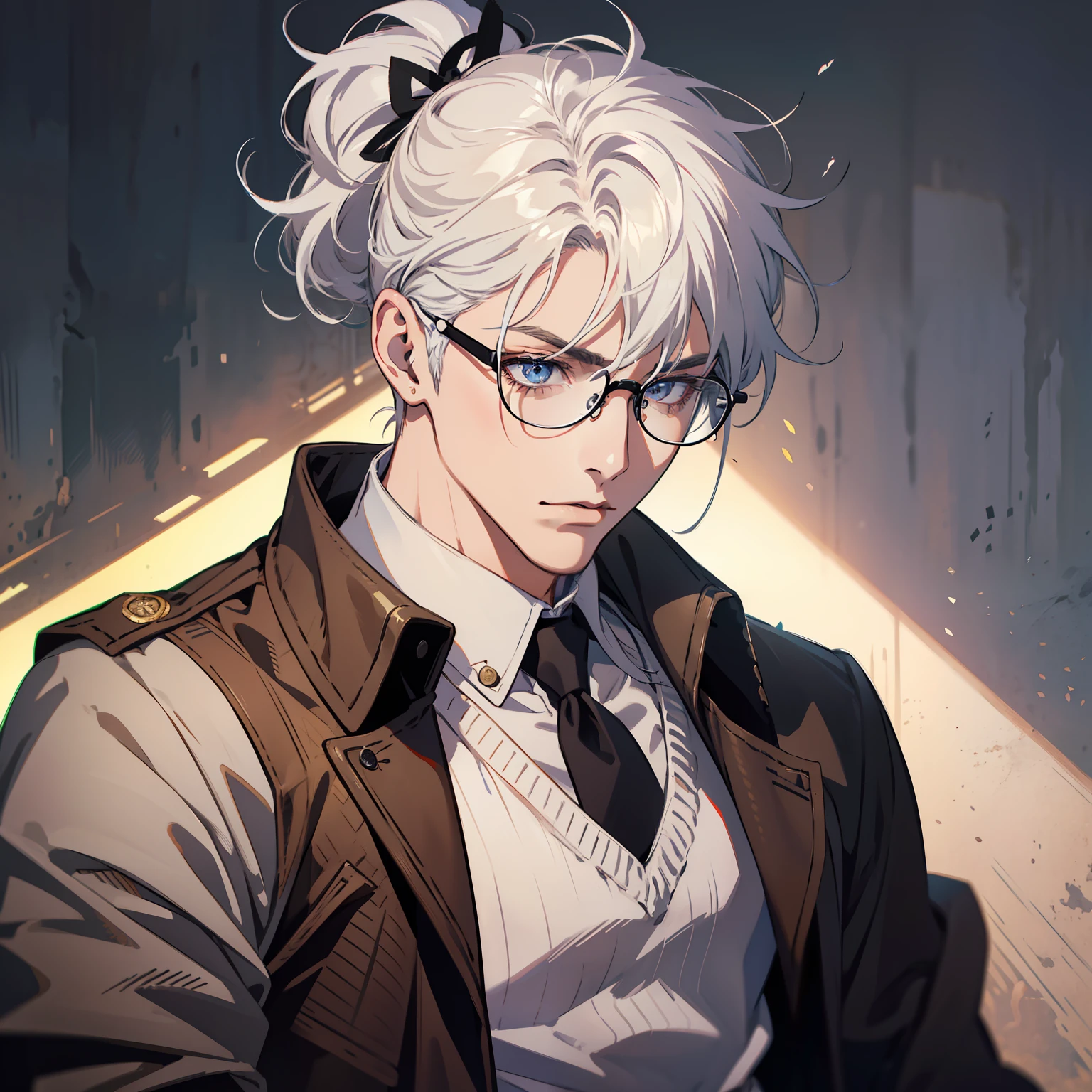 Anime character with white hair and glasses in a dark room - SeaArt AI