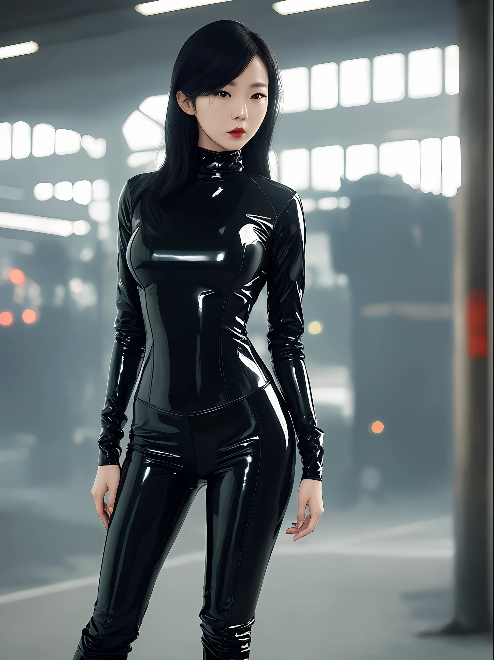 A woman in a black latex outfit posing for a picture - SeaArt AI