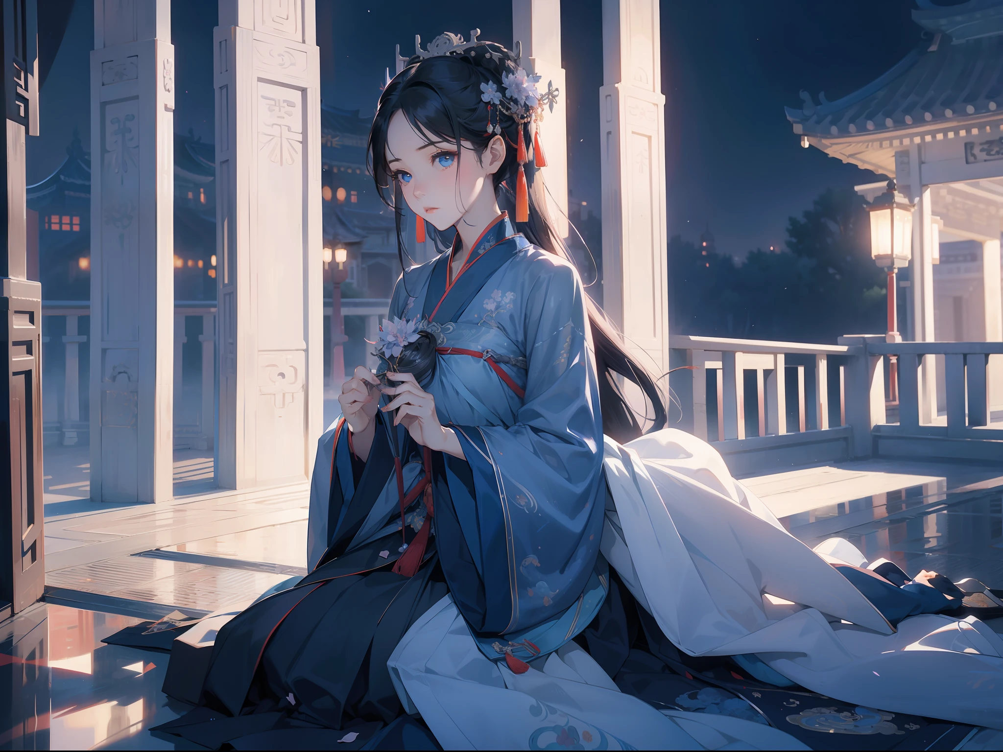 ultraclear，tmasterpiece，the night，themoon，Outside the Chinese Imperial Palace，1girll，blue color eyes，expression sad，，Kneel in the doorway，cabelos preto e longos，Lilac Hanfu，