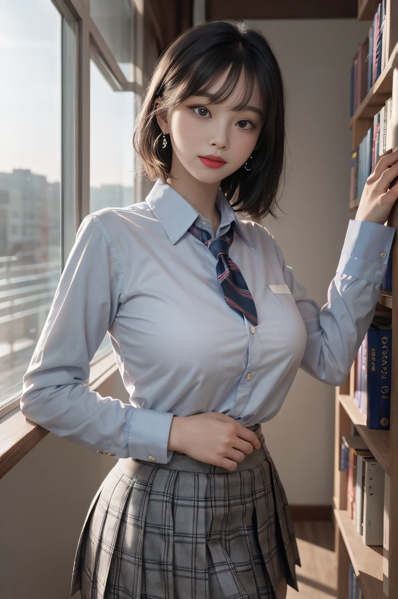 Best image quality, RAW photo, super high resolution, taken from the side, gentle smile, 16 years old Korean, very big breasts, tie, ribbon, school uniform, collared shirt,  shirt, plaid skirt, fair skin, shiny white skin, short bob, bright silver hair, bright gray hair, neatly aligned bangs, beautiful eyes, beautiful eyes of random colors, very thin lips, beautiful eyes with details, Elongated eyes, pale pink blush, long eyelashes, beautiful double eyelids, eyeshadow, earrings, night school, dimly lit library at night, standing next to a bookshelf