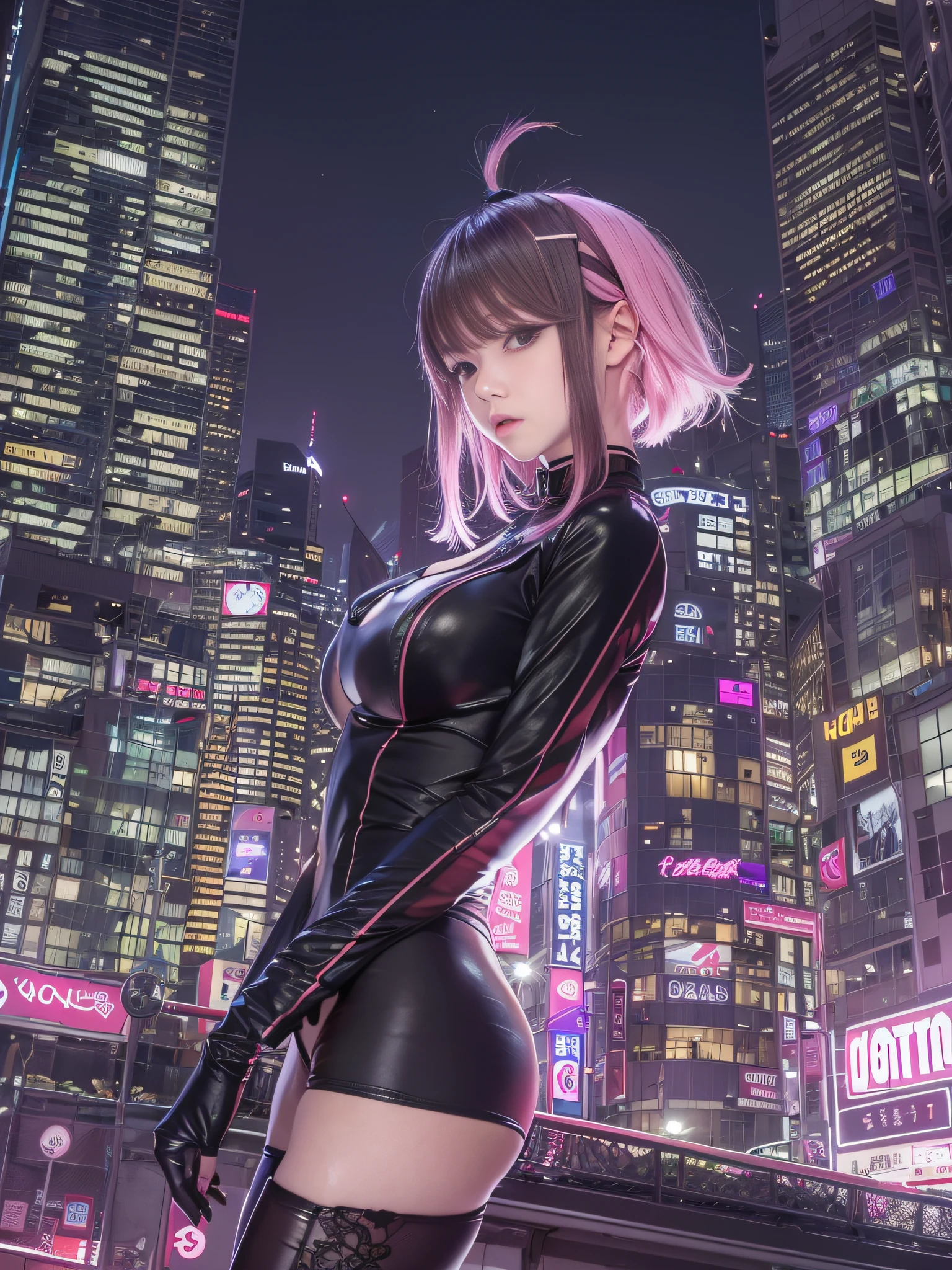 8K,top-quality、超A high resolution、女の子1人、Futuristic bodysuit、Black Choker、(huge-breasted:1.2)、high-heels,, Pink short hair, Upper body black swimsuit, Photo, background is city at night,Live action,japanes,独奏,Beautiful expression,Wearing black stockings,highrise buildings,The average face of an Japan idol,slender and slender legs,legs sit open with bent knees,skyrocket,mouth ajar,droolng