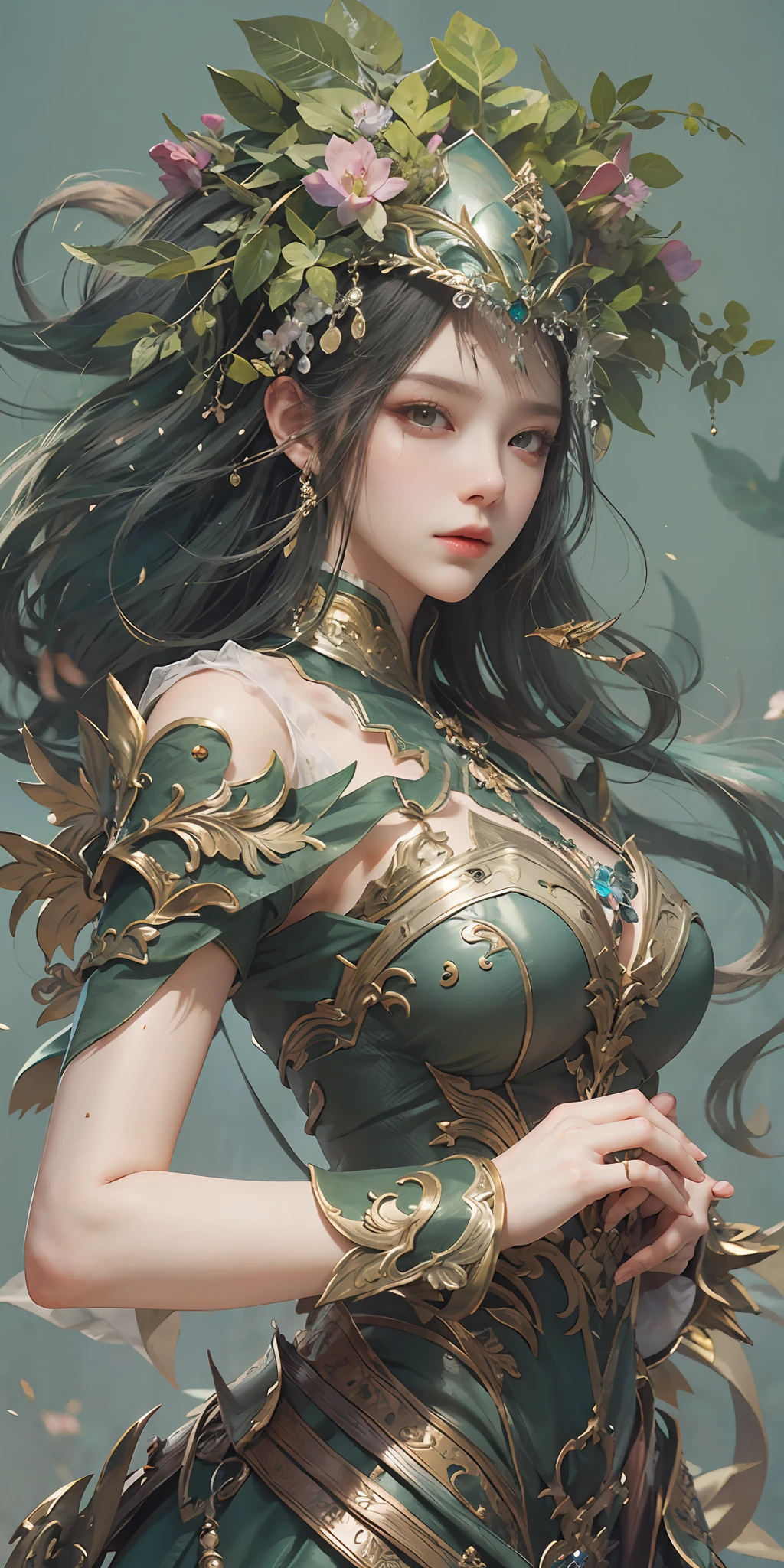 (Close-up Shot Shot),Super close-up，A woman who is，Wearing a green dress，Cheng Weipan Art Station，Xiuxian sense of technology，Green vines，Gauze sleeves，detailed fantasy art，Stunning character art，Epic and refined character art，Beautiful armor，Extremely detailed artistic germination，Detailed digital anime art, Artgerm on the art station Pixiv，Armor Girl，Exquisite and intricate headwear and jewelry