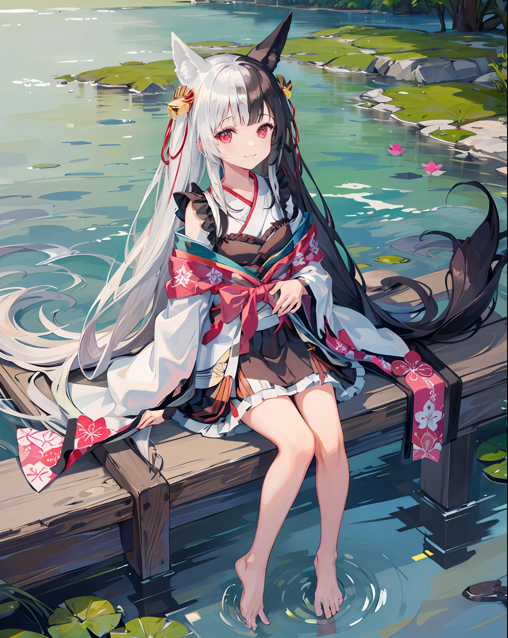 1girl,solo,fox_ears,alicemanabell, light smile, ;3,sitting,water,river,barefoot,from_above,lotus, leaf,depth of field,kimono,