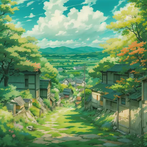 animesque、Skyscape with clouds、Landscape without buildings、You can see the touch of the brush、Studio Ghibli、Ghibli、a sultry、countryside in japan、the ground is wet、Scenery、Style、Golden Time、sky line