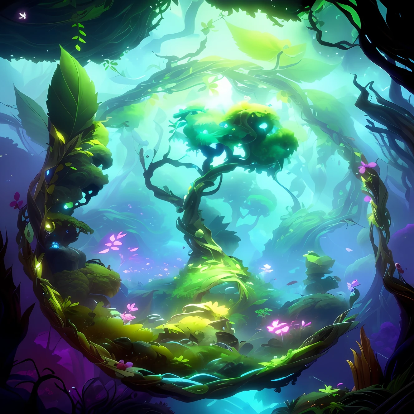 tree branch，Microscopic vegetation surrounded by stout vines，The center reinforces Gaussian ambiguity，flower ring，Wenman Circle，swirling nature magic, Ori and the Blind Forest, ori and the will of the wisps，Optimal material feel，best detail，Best special effects