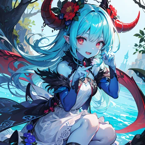 Cute tiny demon girl, (Turquoise blue skin), in cute summer dress with flowers pattern, flower in her hairs, red claws on her fi...