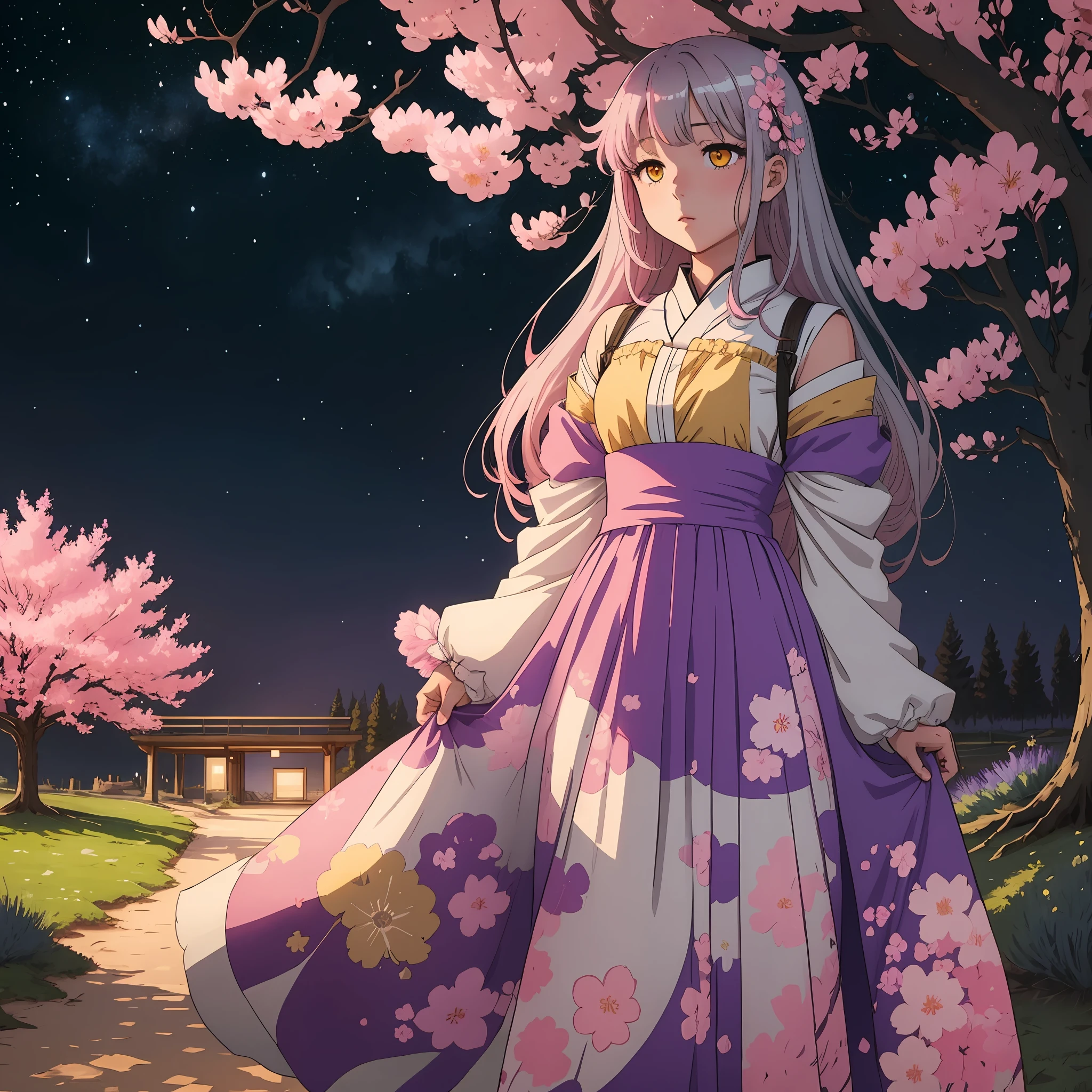 Uma garota de anime de cabelos prateados com olhos amarelos brilhantes e Sakura rosa no cabelo usando um vestido de tule lavanda parada sob o céu noturno estrelado sozinha, cercada por árvores Sakura --auto