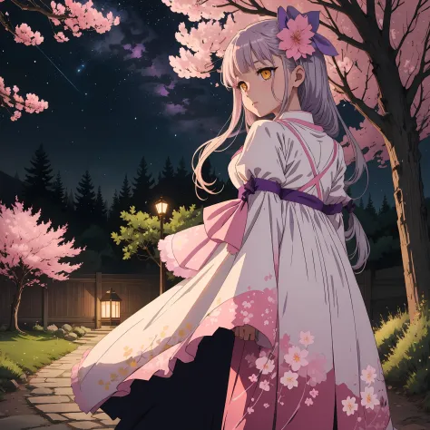 One Silver haired anime girl with bright yellow eyes and pink Sakura in her hair wearing lavender tule dress standing under star...
