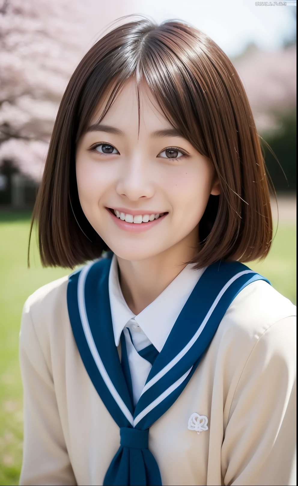 Spring landscape、cherry trees、Skinny Legs、Short-cut hair、Extraordinary beauty、Cute face、The best smile、Cute smile、frontage、slender、straight haired、Schools(Raw foto:1.2), (Photorealsitic:1.4),　a beautiful detailed girl, extremely detailed eye and face, beatiful detailed eyes,  huge filesize,  hight resolution, ighly detailed, top-quality, ​masterpiece,  ((Japanese girls' high school uniform)),  ighly detailed, nffsw,  8k wallpaper, magnificent, finely detail,  top-quality, Highly detailed ticker uniform、 Light on the Face、light、16yo girl、