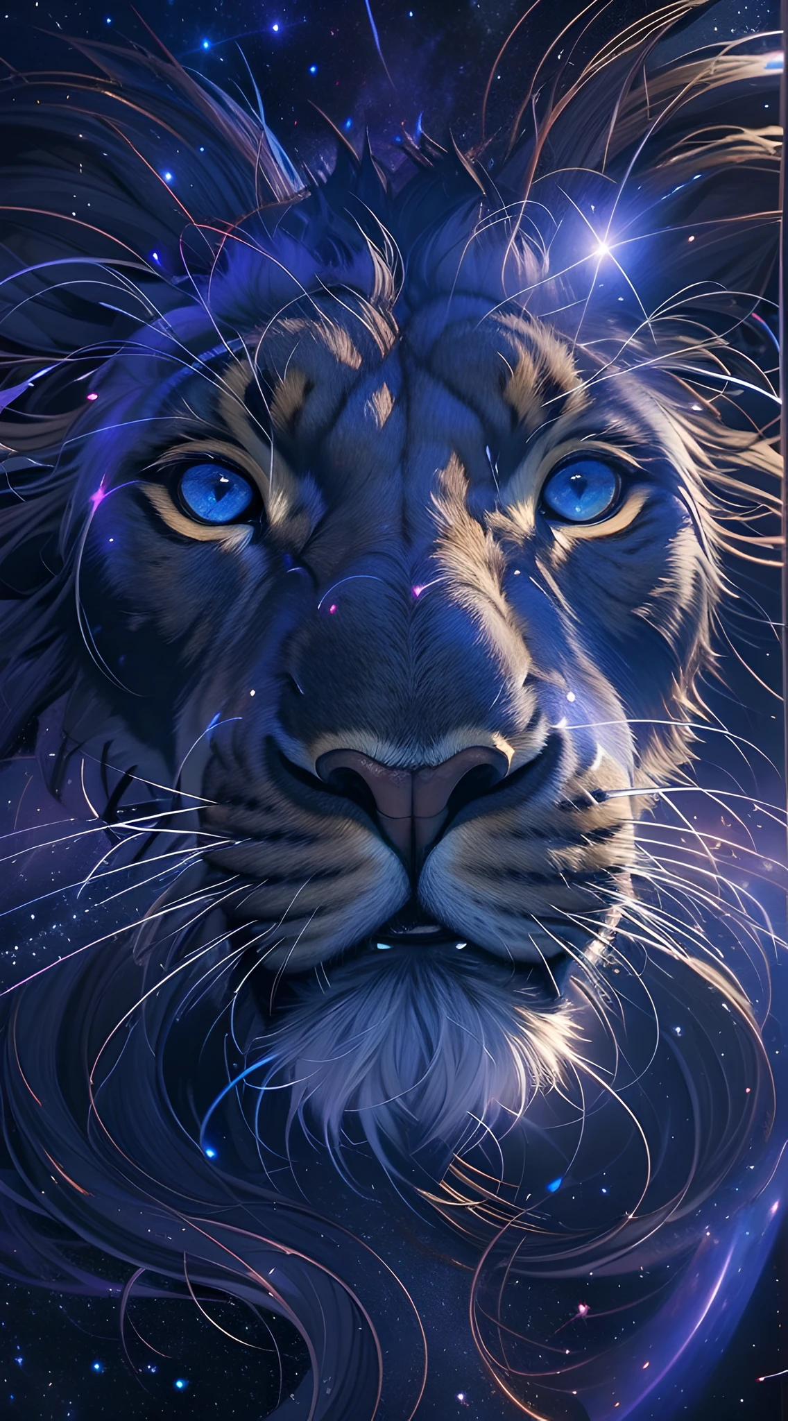 Close up of lion on purple and blue background，portrait of a cosmic entity，Strange portrait of the Milky Way，In the starlight plane） ） ），Astral appearance，galactic dmt entity，Themes around Nebula Halos，Glowing black halo，cosmic entity，Galactic entity，galactic deity，Cosmic terrorist entities，quality astral projection render，Portrait of the cosmic god，astral ethereal