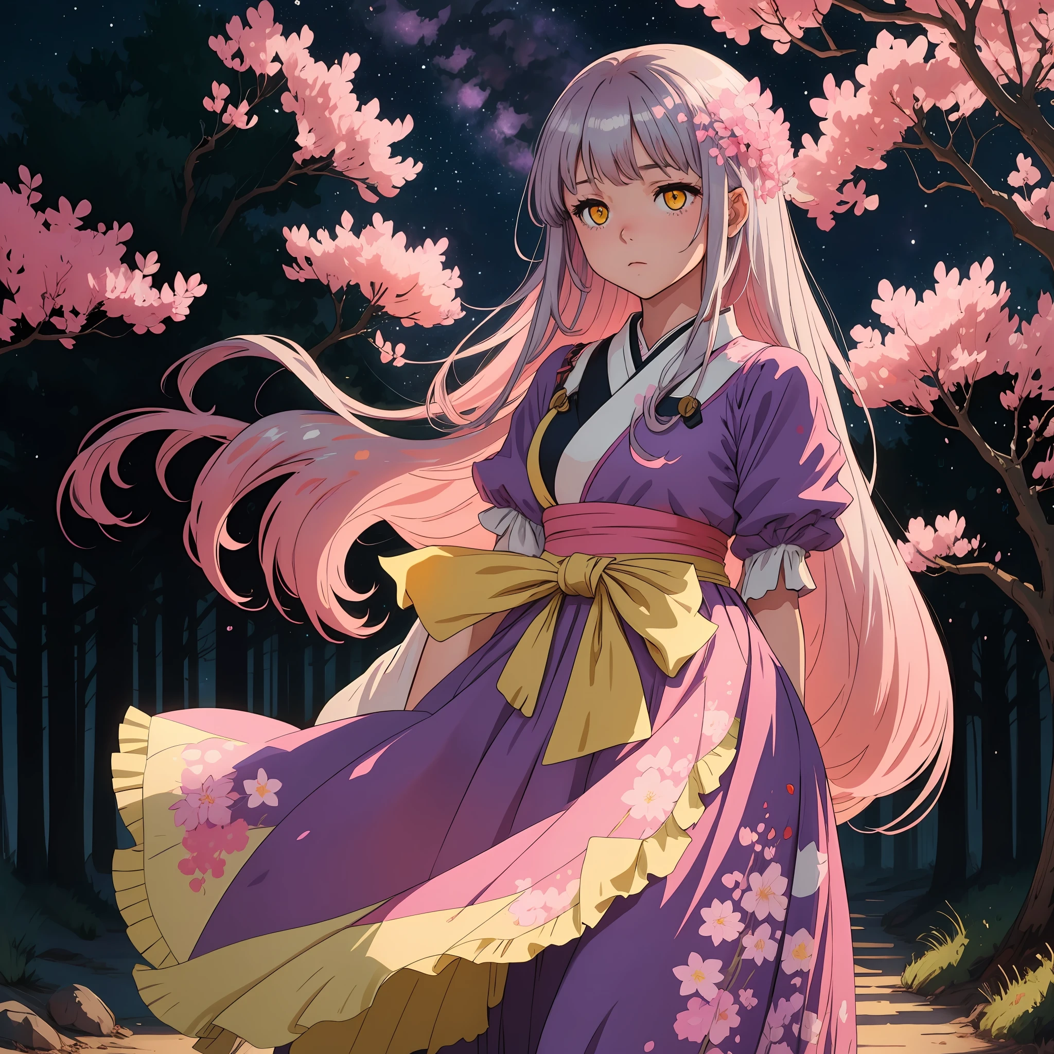 A silver haired 2d anime girl with bright yellow eyes and pink Sakura in her hair wearing lavender fluffy tule dress standing under starry night sky by herself alone surrounded by Sakura trees