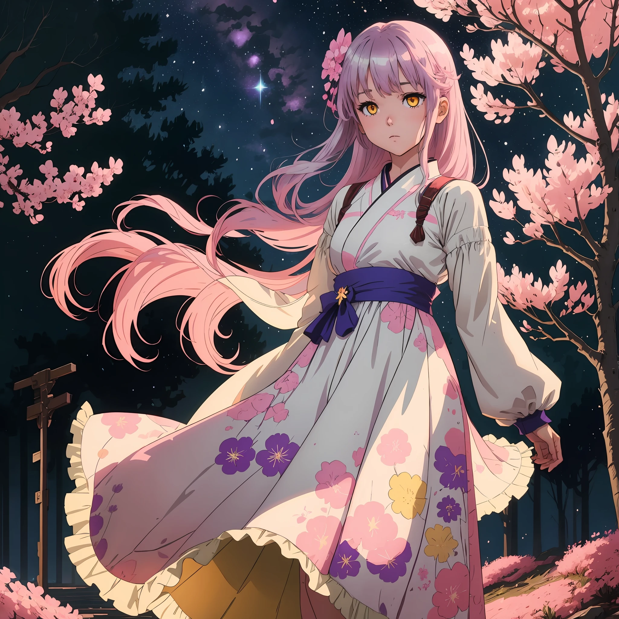 Ein silberhaariges 2D-Anime-Mädchen mit leuchtend gelben Augen und rosa Sakura im Haar trägt ein flauschiges Lavendelkleid und steht ganz allein unter dem Sternenhimmel, umgeben von Sakura-Bäumen.