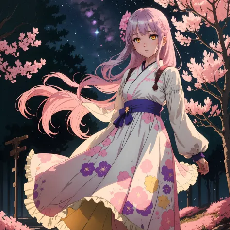 A silver haired 2d anime girl with bright yellow eyes and pink Sakura in her hair wearing lavender fluffy tule dress standing un...