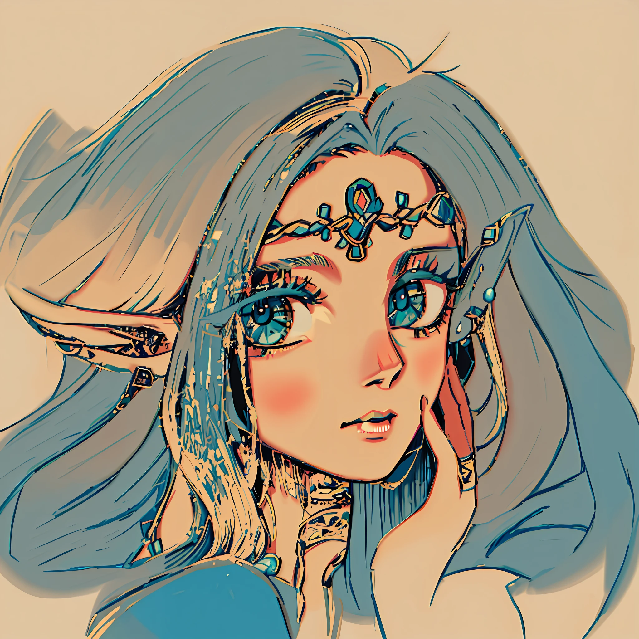 A painting of a woman with horns and a face with flowers on her forehead, portrait of princess zelda, portrait of an elf queen, portrait of an elf, portrait of an elf, Elf Girl, portrait of zelda, Elf Princess, An elf queen, anime sketch, Anime Paintings, portrait of very beautiful elf, drawn in the style of artgerm