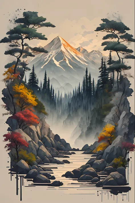 white background, landscape, paint, mountains, water, trees, t-shirt design, vector art