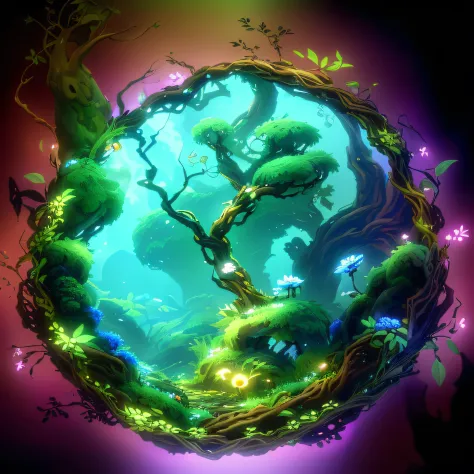 tree branch，Microscopic vegetation surrounded by stout vines，The center reinforces Gaussian ambiguity，flower ring，Wenman Circle，swirling nature magic, Ori and the Blind Forest, ori and the will of the wisps，Optimal material feel，best detail，Best special ef...