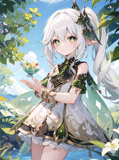 nahida_genshin,(white hair),cross-shaped pupils,default_dress,green cape,