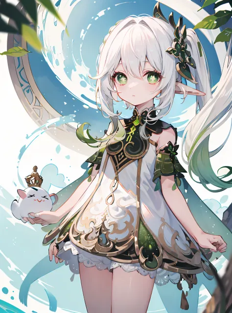 Nahida_Genshin,(White hair),cross-shaped pupils,default_dress,Green cape,