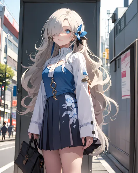 1girl,solo,standing,white_hair,bluejoucho,hair over one eye, cowboy shot,light smile, (school uniform:1.4),outdoors,shibuya \(to...