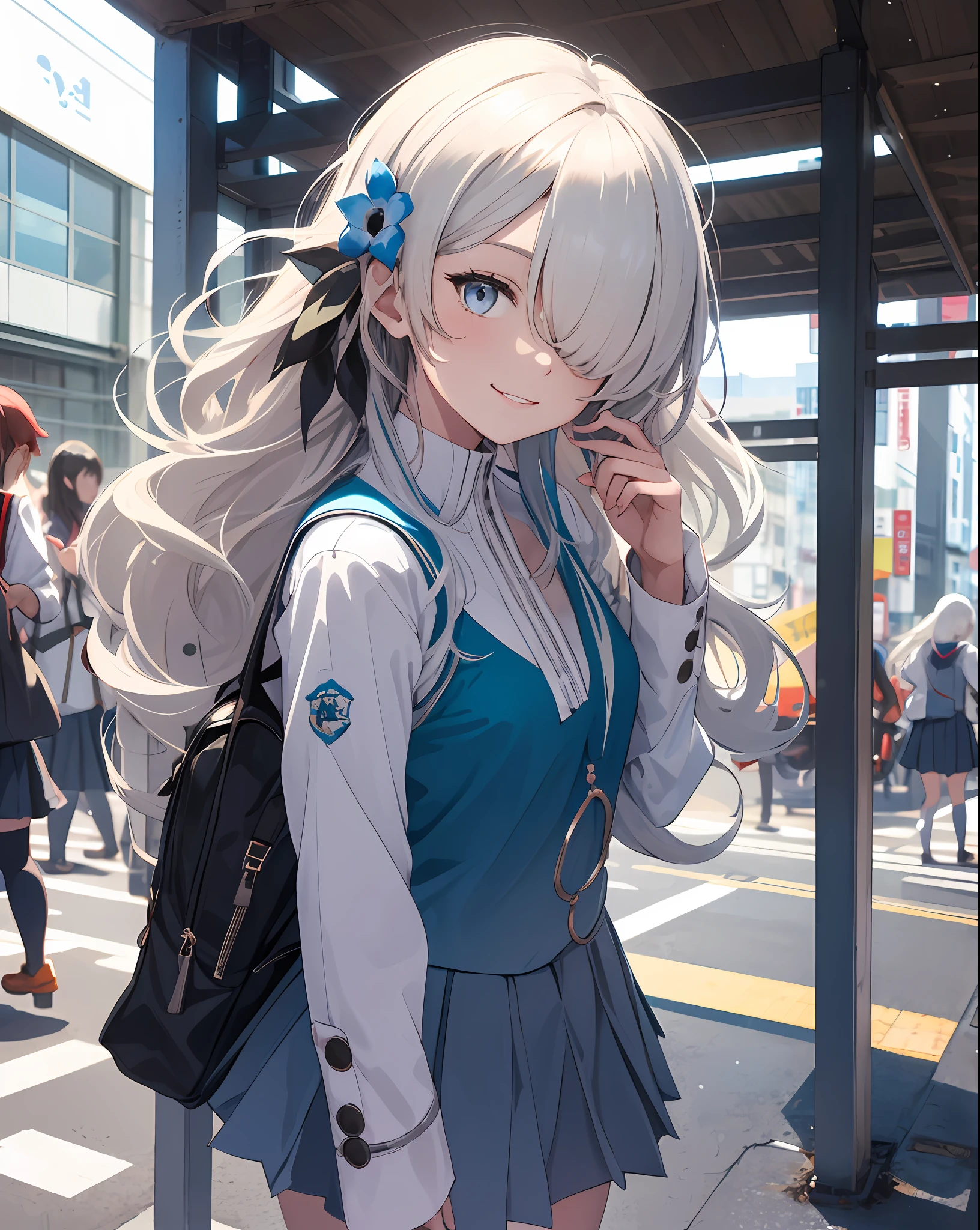 1girl,solo,standing,white_hair,bluejoucho,hair over one eye, cowboy shot,light smile, (school uniform:1.4),outdoors,shibuya \(tokyo\), city,