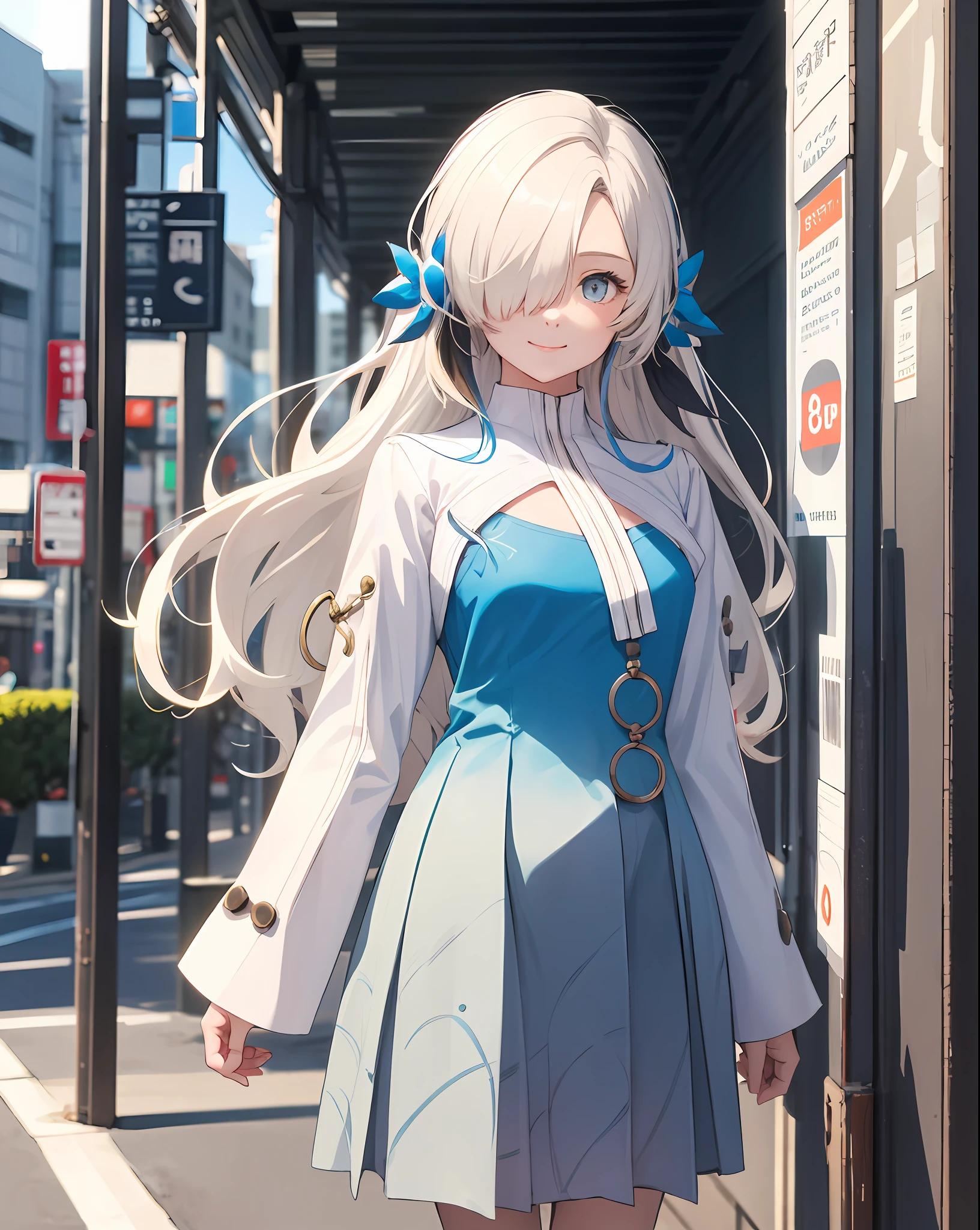 1girl,solo,standing,white_hair,bluejoucho,hair over one eye, cowboy shot,light smile, (school uniform:1.4),outdoors,shibuya \(tokyo\), city,