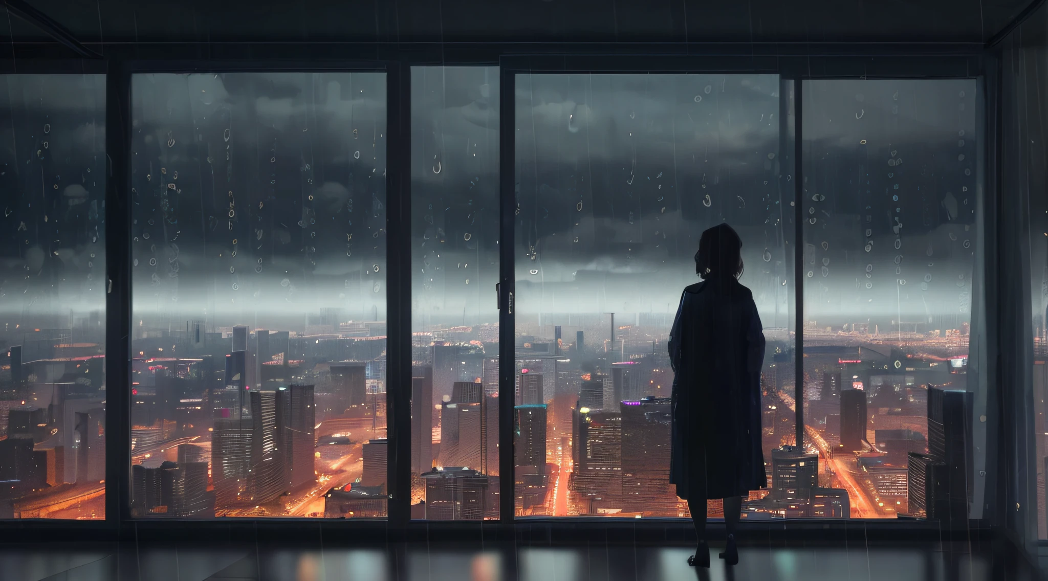 A woman looks out the window at the Alafid view of the city, inspired by Alena Aenami, art by Alena Aenami, style of alena aenami, author：Alena Enemi, cinematic matte illustration, rainy cyberpunk city, inspired by Liam Wong, Artistic. Alena Ainami, author：Liam Wong, Movie 4K wallpaper