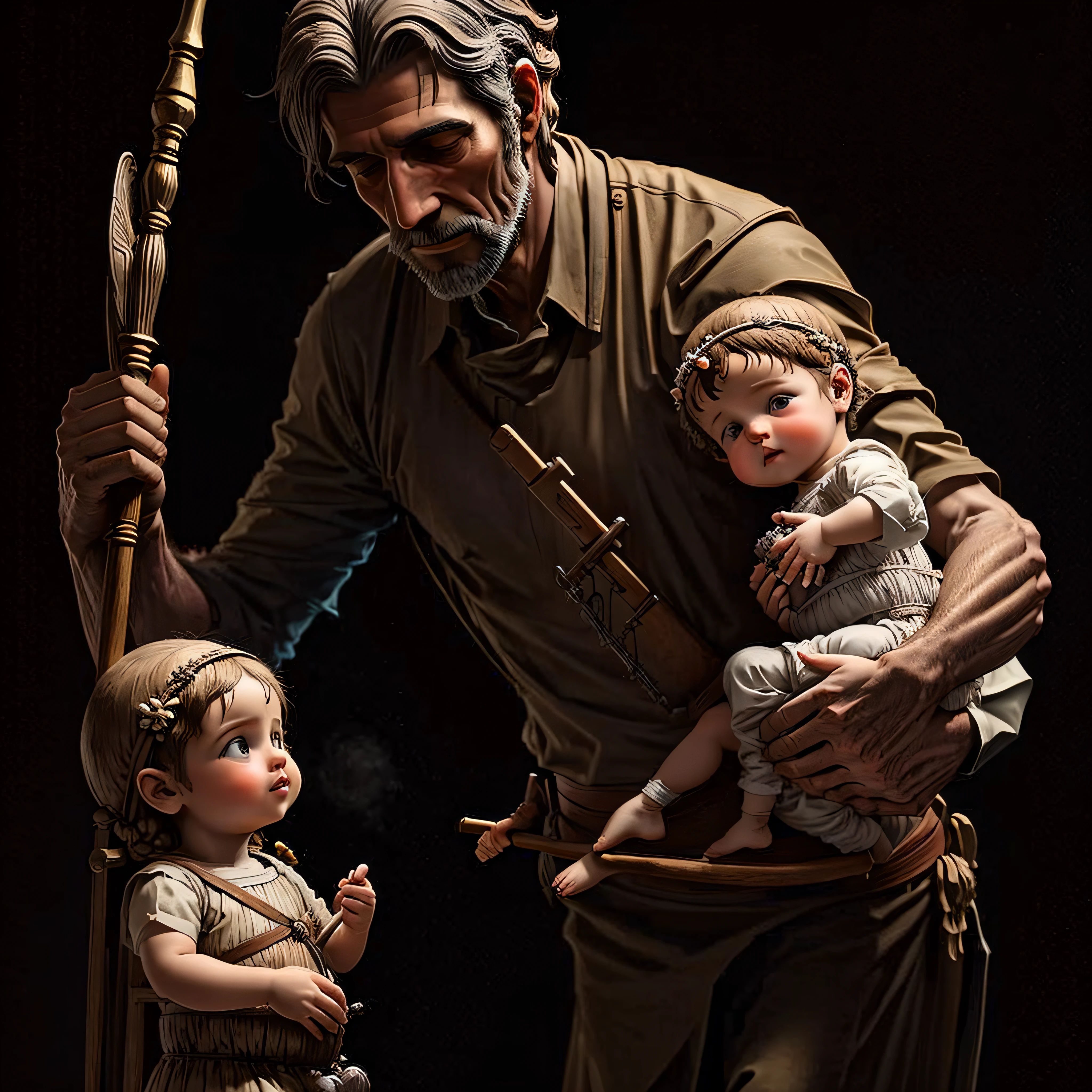 Realistic image of Saint Joseph holding a staff and baby Jesus  --ar 16:9 --auto
