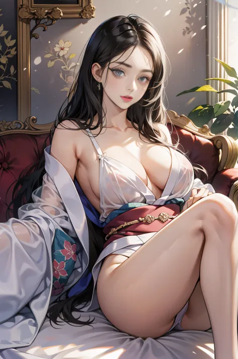 32 year old beautiful woman with attractive long black hair、Double eyelids、The background is the Palace of Versailles in France、Looking here、One white see-through yukata that sticks to bare skin、very large breast、wide open legs、The color and shape of the t...