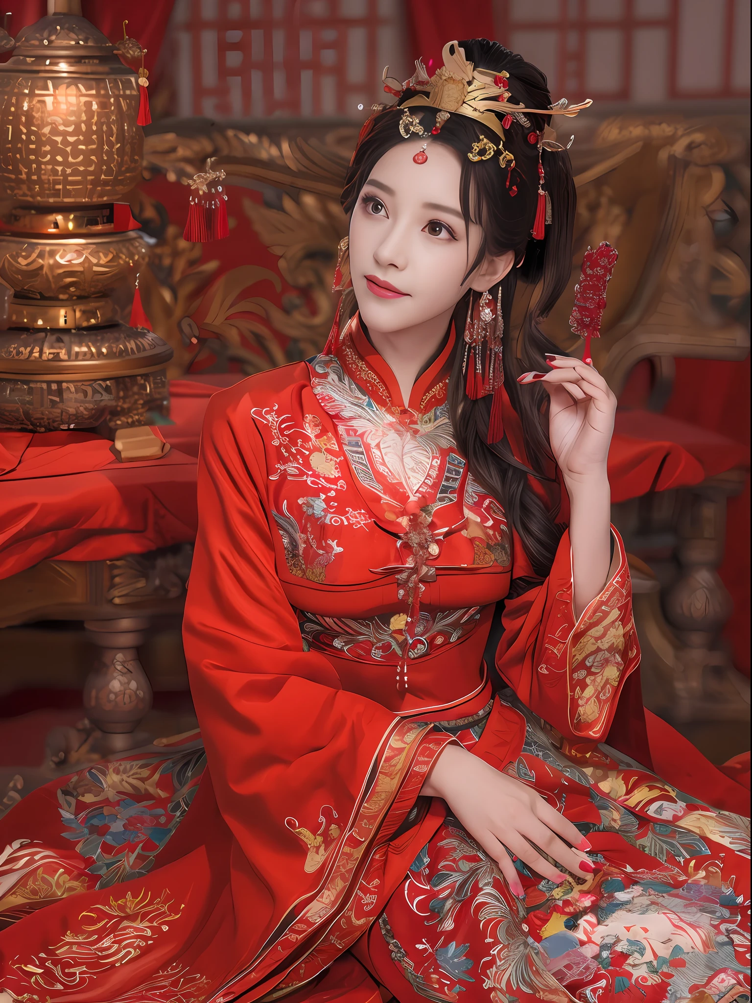 (Best quality: 1.1), (Realistic: 1.1), (Photography: 1.1), (highly details: 1.1), A woman wears a red and gold dress，Woman with a crown on her head, A hair stick, (sitting on red bed), Blushing, Shy, black_Hair, crown, Looking down, (2 red candles), Chinese_clothes, Curtains, Earrings, Hair_decorations, Hanfu, interiors, jewelry, Long_Sleeves, Red dress, Redlip, nipple tassels, (Red quilt), (red palace: 1.2), (3DMM: 1.5),mix4,