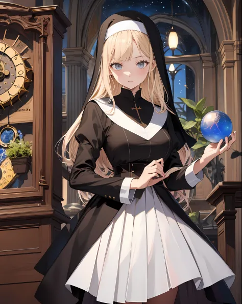 1girl,astronomical clock ,binoculars ,juliet sleeves,nun,crystal ball, pleated dress,plant, ,