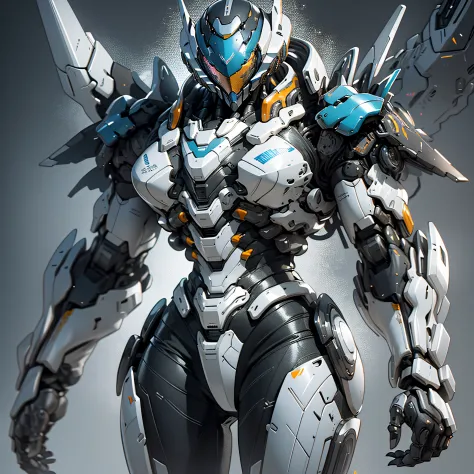 "1 female character inside a massive, robust silver chrome intricate exoskeleton robot, adorned in (bulky) silver (chrome) and black intricate armor, creating a powerful mecha aesthetic. The artwork features an emphasis on ink-style detailing, clean lines,...