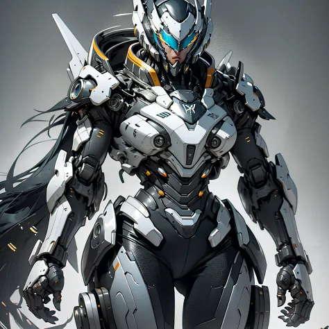 "1 female character inside a massive, robust silver chrome intricate exoskeleton robot, adorned in (bulky) silver (chrome) and black intricate armor, creating a powerful mecha aesthetic. The artwork features an emphasis on ink-style detailing, clean lines,...