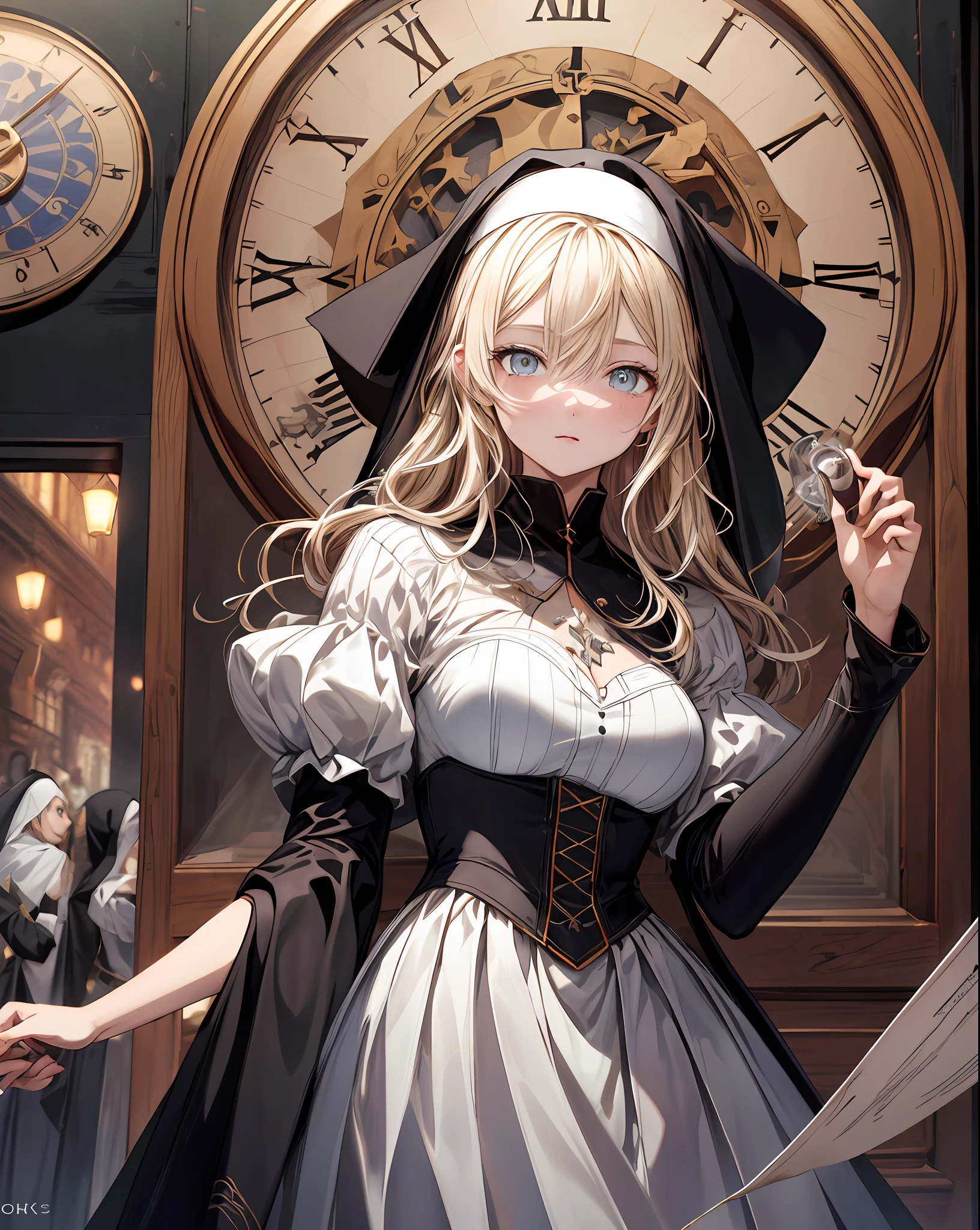 (extremely detailed CG unity 8k wallpaper,masterpiece, best quality, ultra-detailed, beautiful detailed eyes:1.2),best illumination, (best shadow, an extremely delicate and beautiful, bloom),
1gril,solo,astronomical clock ,binoculars ,juliet sleeves,nun,crystal ball, pleated dress,plant, ,