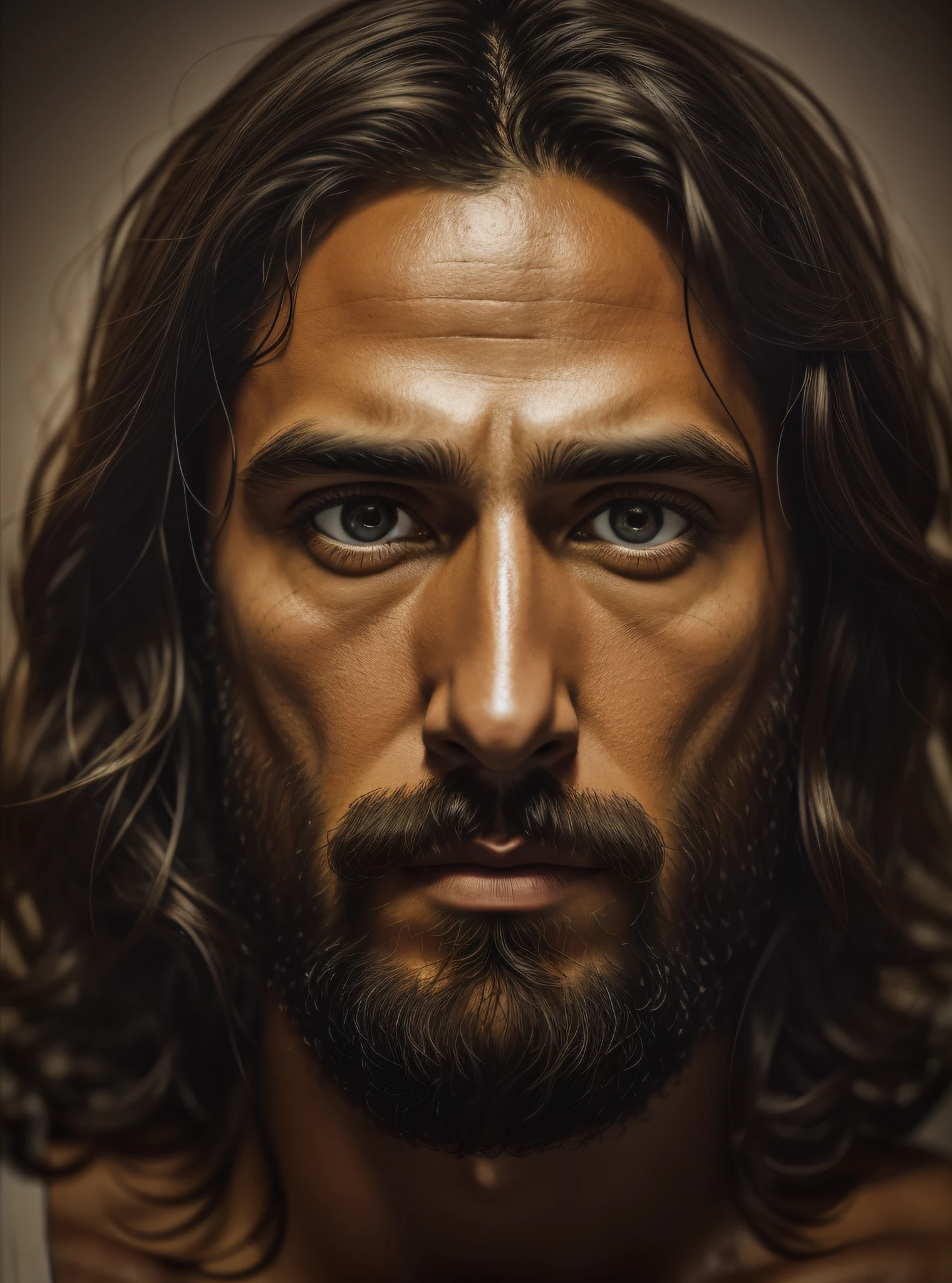 JESUS CRISTO, foto em tons escuros: Ultra-realistic epic, Soft cinematic portrait, hiperdetalhado, luzes frias, dramatic light, fundo complexo e escuro. Ultra-realistic skin, olhos castanhos esverdeados, cabelo e barba ultrarrealista, 8k, papel de parede, fotorrealista, semblante de Jesus Cristo, foto de Jesus.