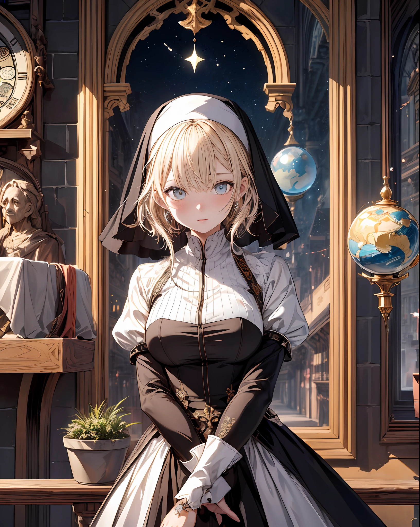 (extremely detailed CG unity 8k wallpaper,masterpiece, best quality, ultra-detailed, beautiful detailed eyes:1.2),best illumination, (best shadow, an extremely delicate and beautiful, bloom),
1gril,solo,astronomical clock ,binoculars ,juliet sleeves,nun,crystal ball, pleated dress,plant, ,