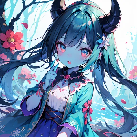 Cute tiny demon girl, (Turquoise blue skin), [furry], in cute summer dress with flowers pattern, flower in her hairs, red claws ...