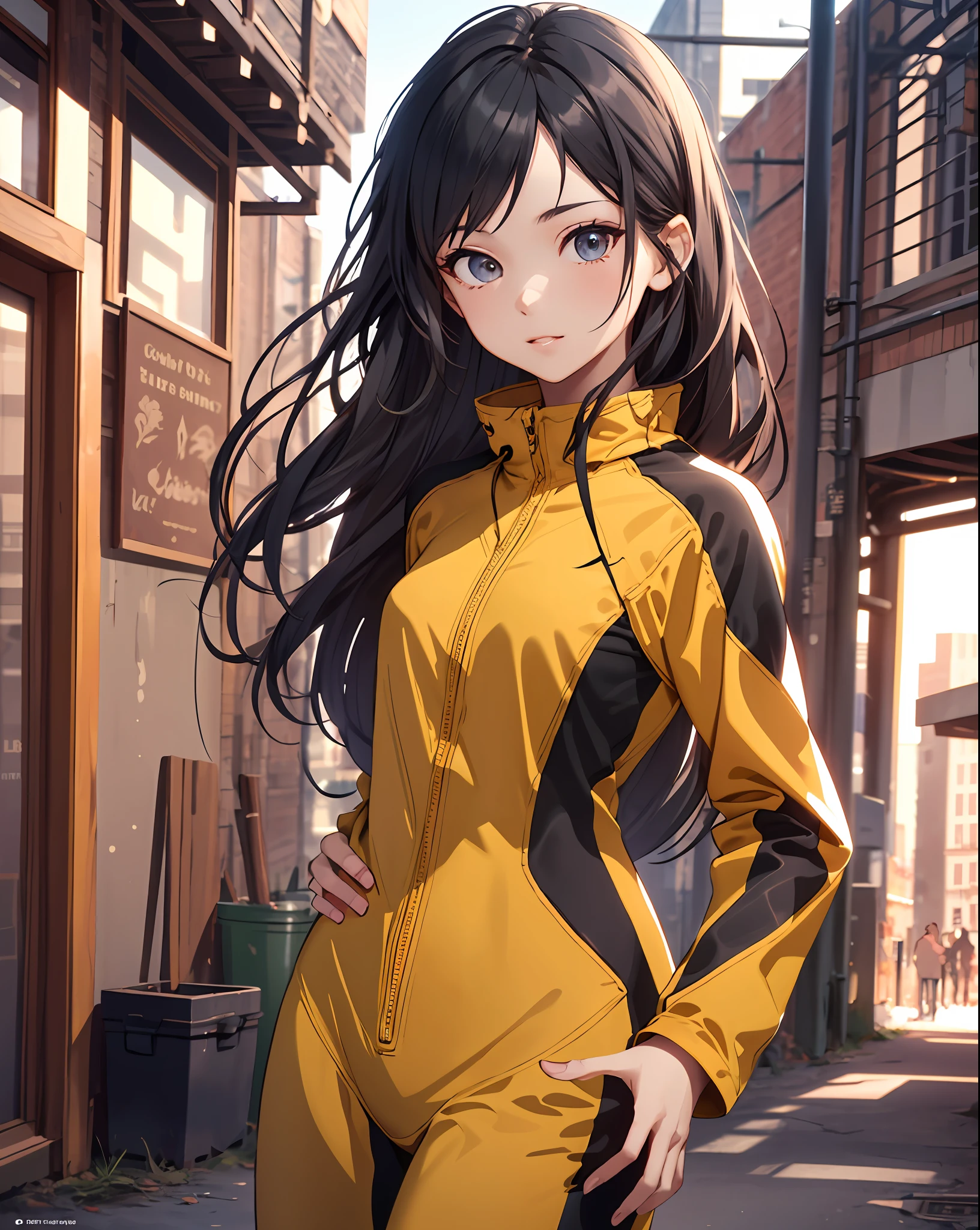 (extremely detailed CG unity 8k wallpaper,masterpiece, best quality, ultra-detailed, beautiful detailed eyes:1.2),best illumination, (best shadow, an extremely delicate and beautiful, bloom),
1gril,solo,bruceleejumpsuit, black_hair,long_hair, hand on hip, outdoors,cityscape, cowboy shot,