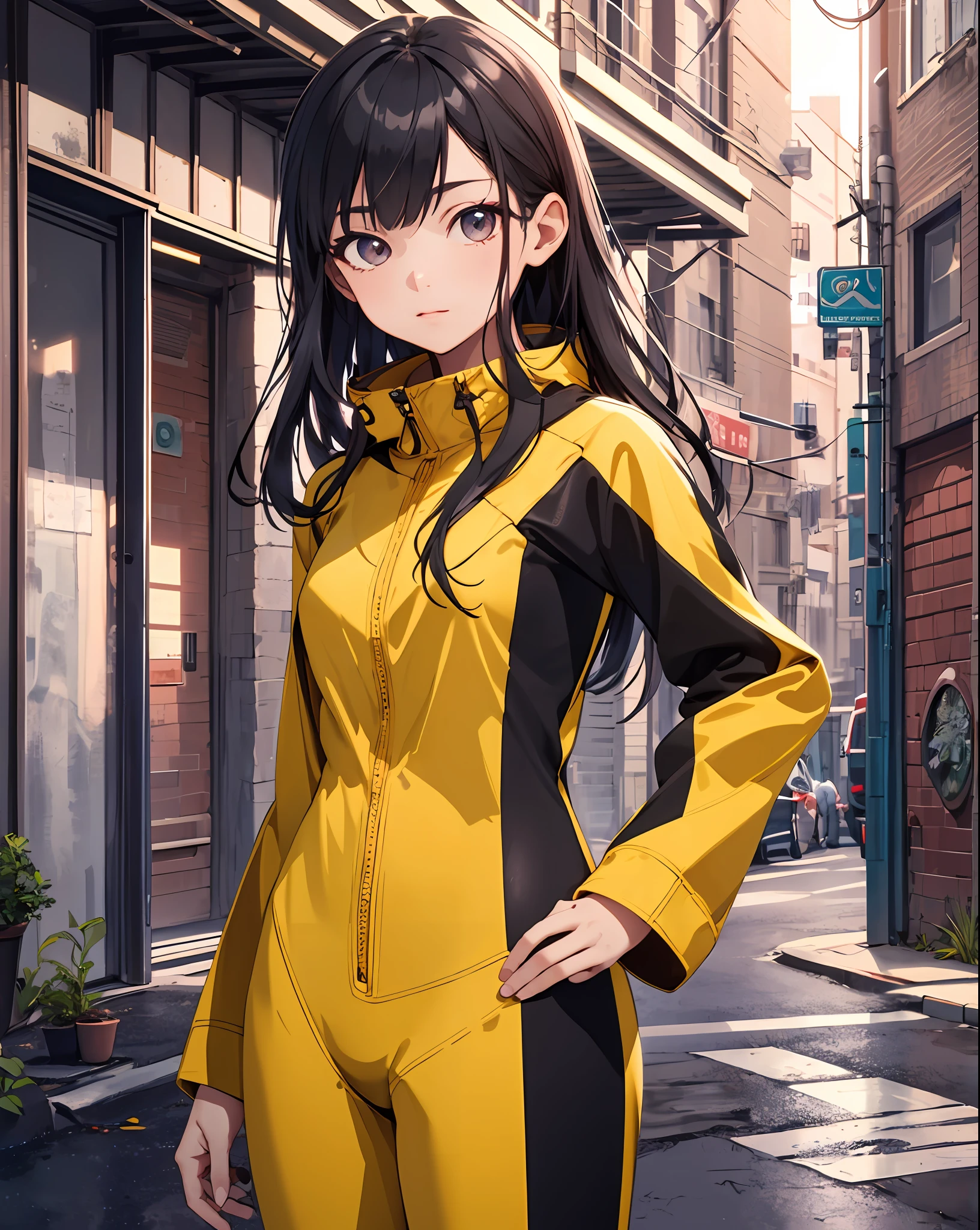 (extremely detailed CG unity 8k wallpaper,masterpiece, best quality, ultra-detailed, beautiful detailed eyes:1.2),best illumination, (best shadow, an extremely delicate and beautiful, bloom),
1gril,solo,bruceleejumpsuit, black_hair,long_hair, hand on hip, outdoors,cityscape, cowboy shot,