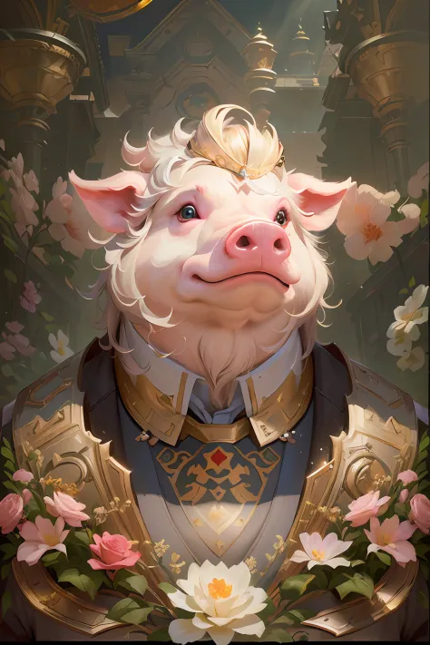 There is a painting，It depicts a pig in a suit and flowers, wojtek fus, anthropomorphic warrior piglet, collectible card art, wlop and ross thran, art by Wlop and Greg Rutkowski, author：Ryan Yee, WLOP Art, by Yang J, Hearthstone card art, Guviz-style artwo...