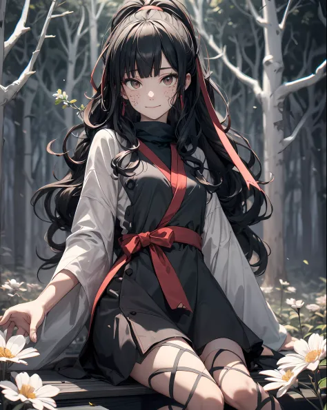 1girl,solo,standing, azami \(kagerou project\),  scales, hand on own chest, spoken heart, light smile, closed mouth, sitting,forest, spring,flower,(extremely detailed CG unity 8k wallpaper,masterpiece, best quality, ultra-detailed, beautiful detailed eyes:...