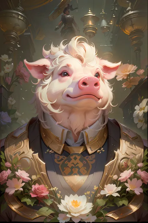 There is a painting，It depicts a pig in a suit and flowers, wojtek fus, anthropomorphic warrior piglet, collectible card art, wlop and ross thran, art by Wlop and Greg Rutkowski, author：Ryan Yee, WLOP Art, by Yang J, Hearthstone card art, Guviz-style artwo...