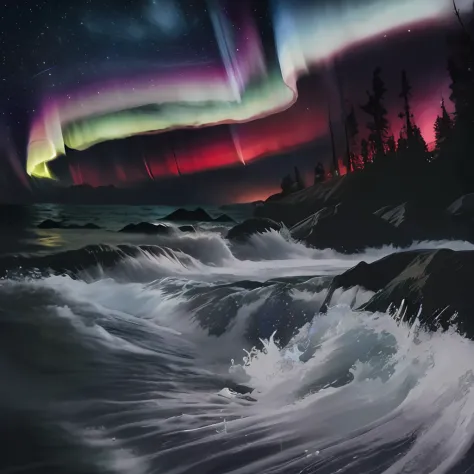 A storm，dark all round，Leaves flying，There are colored auroras on the clouds