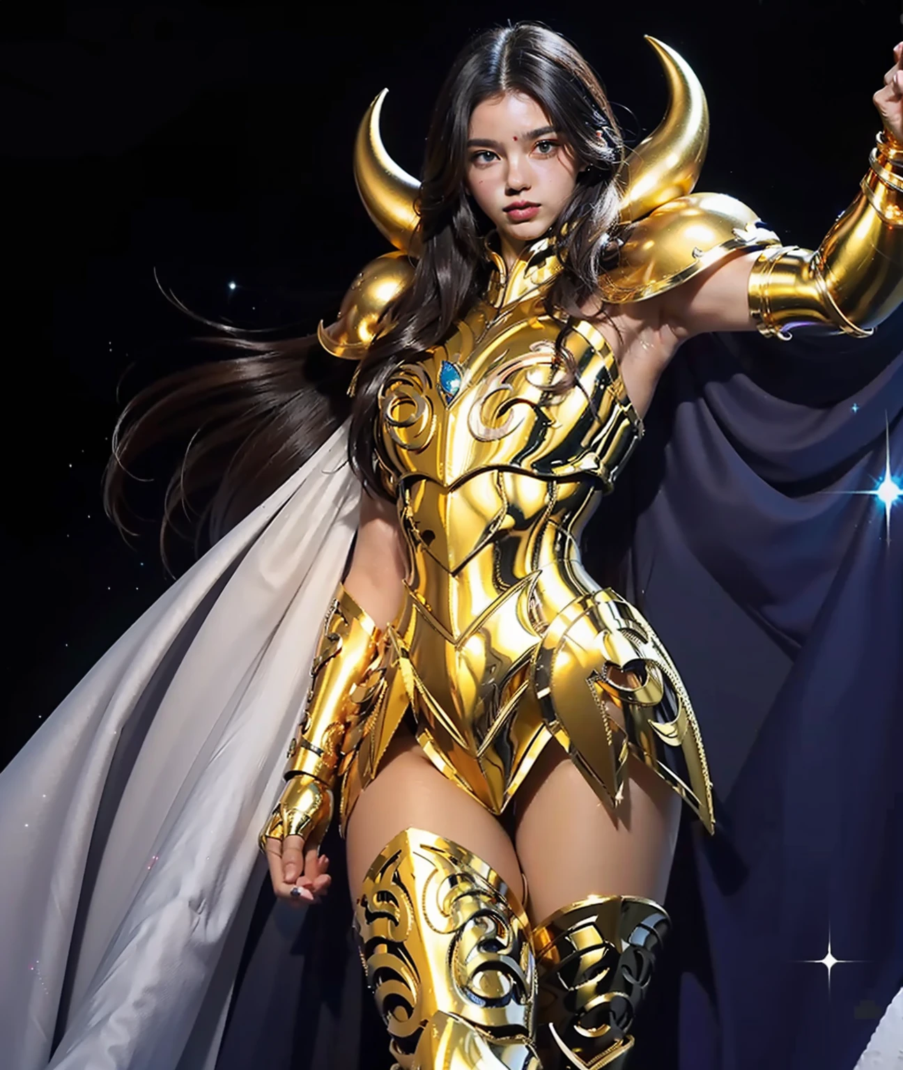 Ultra-high saturation，（tmasterpiece）， fully body photo，（best qualtiy），（1girll）， crisp breasts，starryskybackground，Wearing shiny gold armor， Sexy lingerie type armor，Expose your chest，Expose the waistline，Exposing thighs，cool-pose， Aries gold armor， messy  hair，high detal, Anime style, Cinematic lighting, Sparkle, god light, Ray traching, filmgrain, hyper HD, textureskin, super detailing, Anatomical correct, A high resolution，Ultra-high saturation，hight contrast，High-gloss armor，Smooth skin，Serious expressions，intricately details, Delicate pattern, Charming, Alluring, Seductive, Erotic, Enchanting, Perfect face, Beautiful face, Beautiful eyes, fantasy, Dreamlike, unreal, Science fiction, Huge breasts, Beautiful clothes, Absurdly long hair, Very long hair,