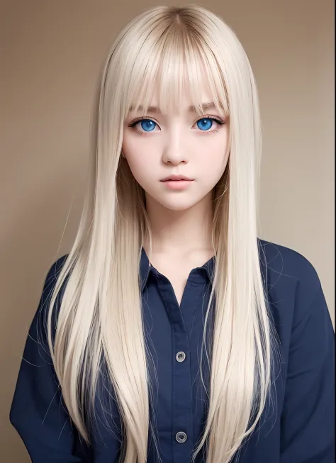 Big blue eyes with radiant transparency、Bangs above both eyes、Very beautiful 18 year old cute girl、a miniskirt、shiny young and b...