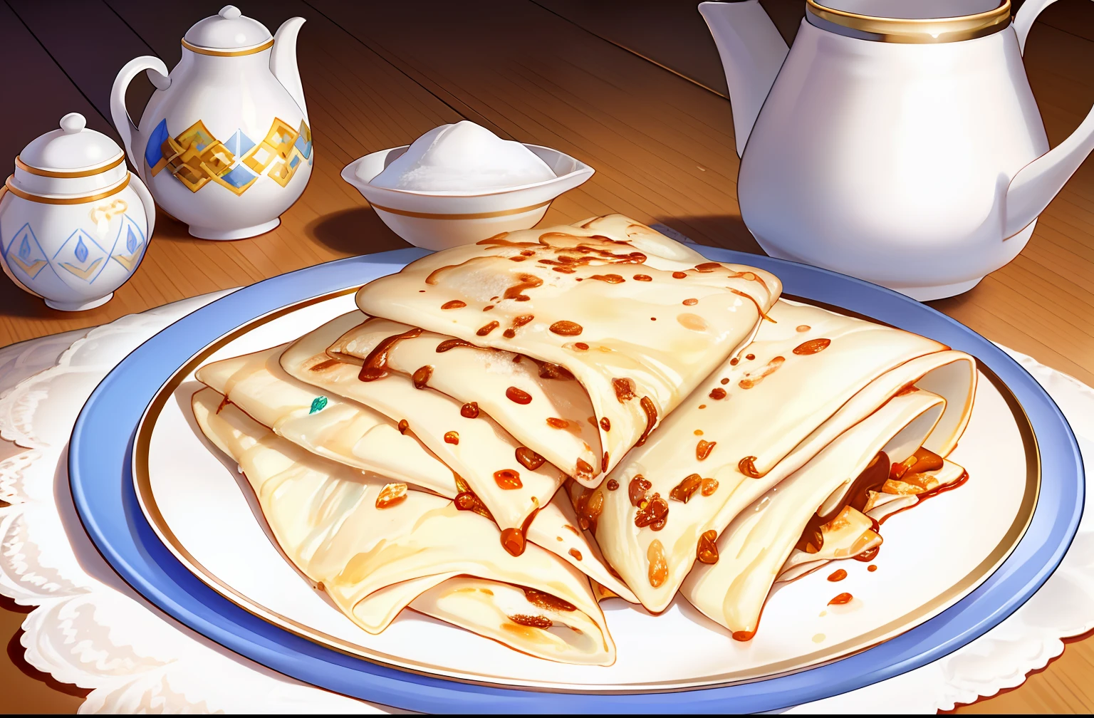 a plate of crepes with powdered sugar on top of it, ((masterpiece)),illustration,high detail, soft lighting, delicious, colorful, aesthetically pleasing, studio lighting, trending