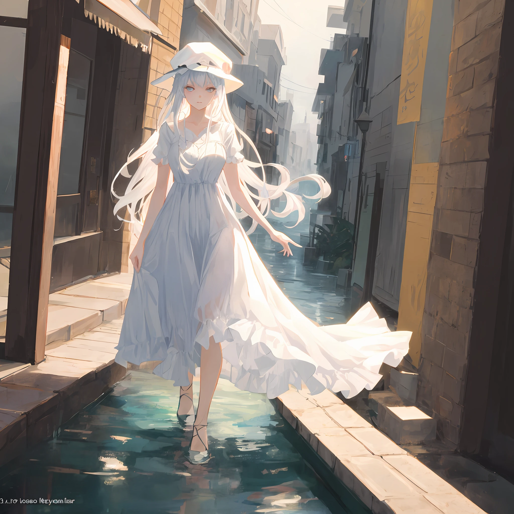 Anime - one in a white dress，Stylistic image of a woman with long white hair, white-haired god, seductive anime girls, , Anime girl in white dress, Fine details, Perfect white haired girl, , cute anime waifu in a nice dress, Kushatt Krenz Key Art Women, beautiful and seductive anime woman，Large 4D chest，Wear a white hat，The clothes were as if they were soaked with water