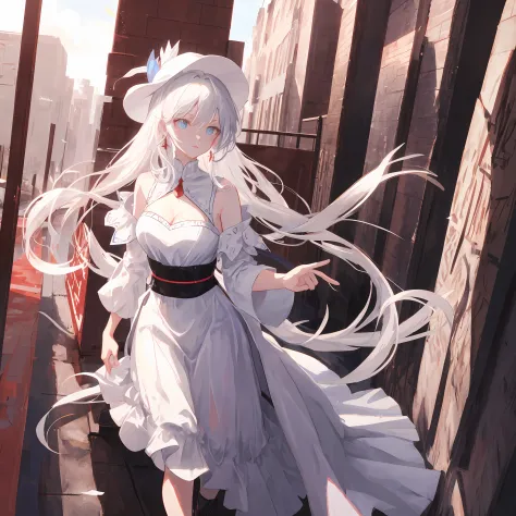 anime - one in a white dress，stylistic image of a woman with long white hair, white-haired god, seductive anime girls, , anime g...