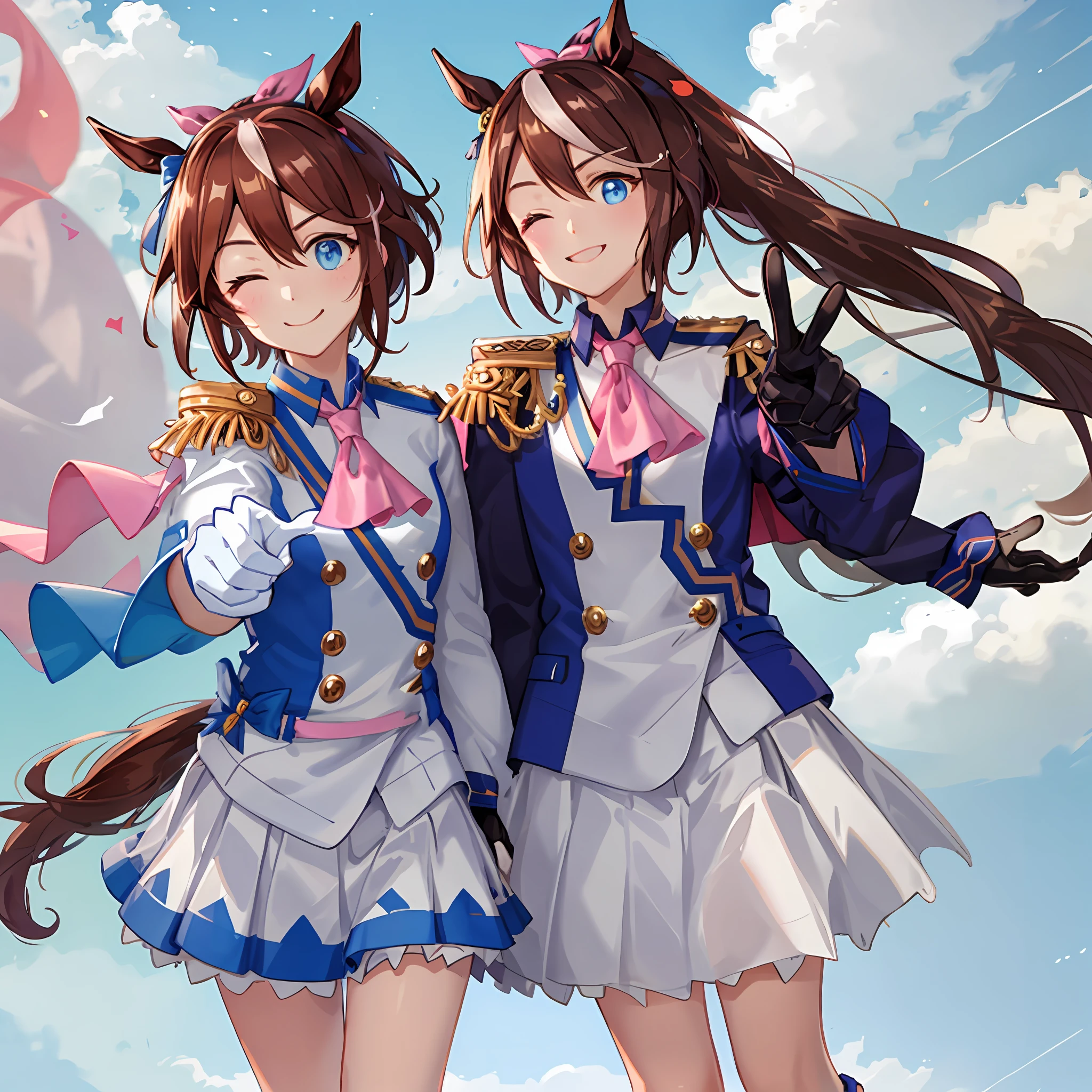 ((Masterpiece, Best quality)),1girll,Tokai Teio,Tokai Teio(Racing clothes),Horse Ears,Horse girl,Brown hair,Long hair,High ponytail,streaked_Hair,Multicolored_Hair,Blue eyes,epaulette,Pink_ascot,Skirt,Long_Sleeves,asymmetrical gloves,White_Jacket,Hair_ribbon,Multicolored_clothes,White_Footwear,knee_Boots ,cheerfulness,One eye closed, pointing at viewer, Outdoors,